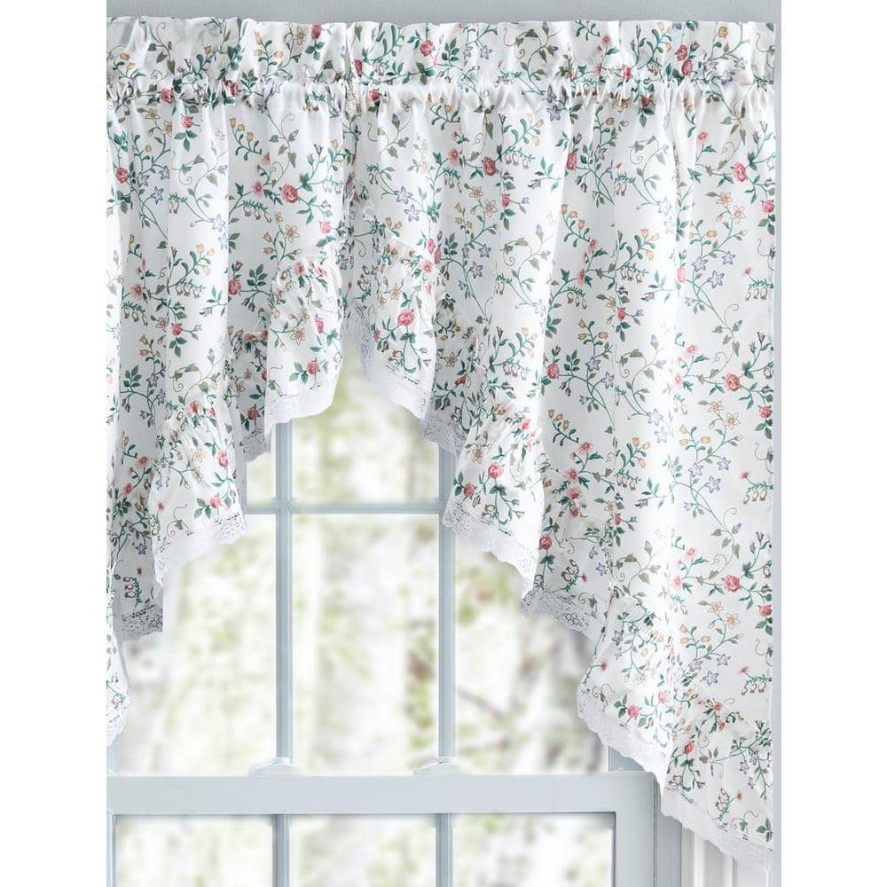 Floral Multicolor Cotton Polyester Rod Pocket Swag with Ruffle Lace Edge