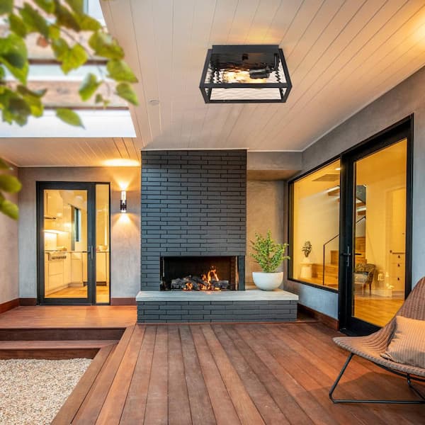 2-Light Black Outdoor Flush Mount Ceiling Light with Clear Water Glass