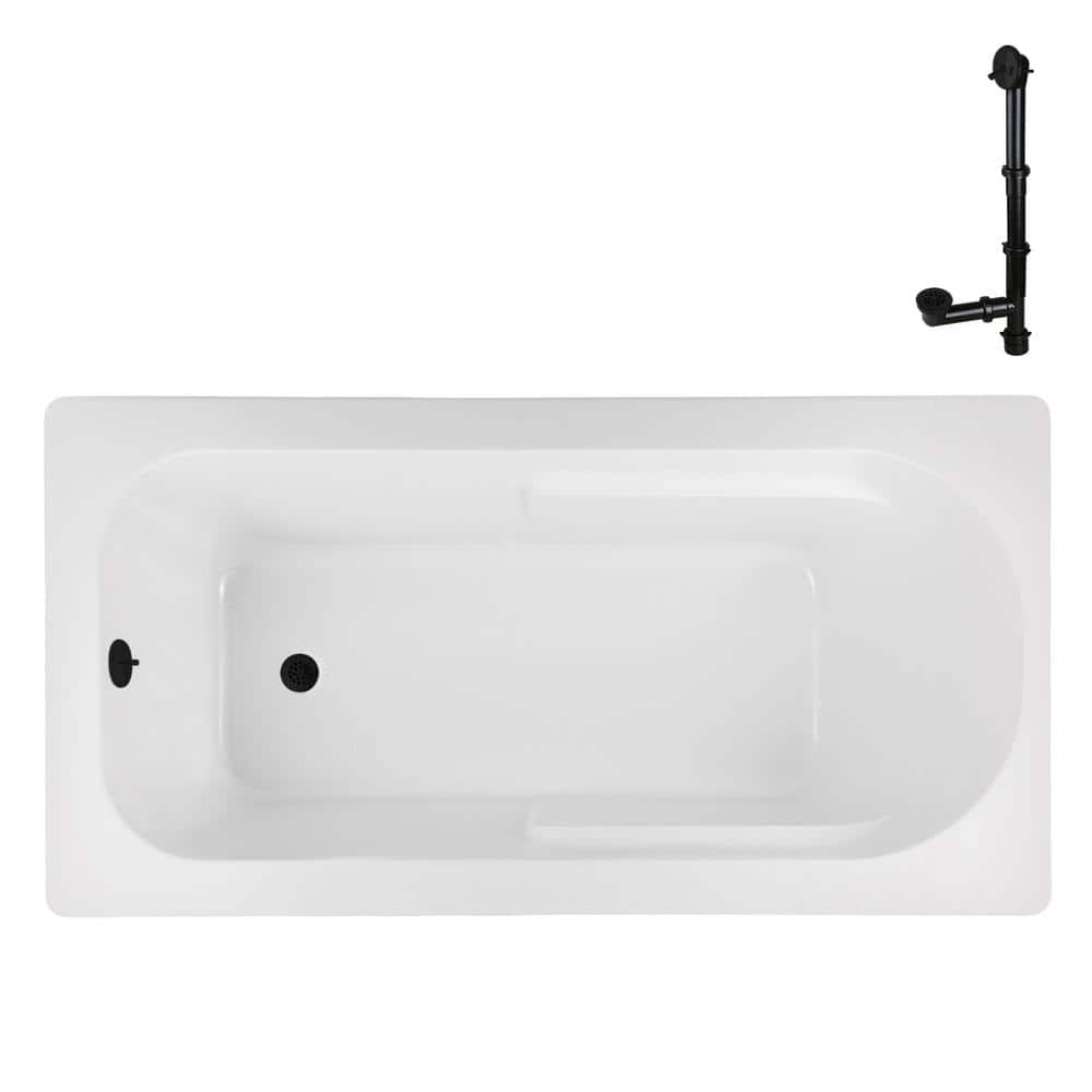 72" x 36" Glossy White Acrylic Drop-In Soaking Bathtub with Matte Black Hardware