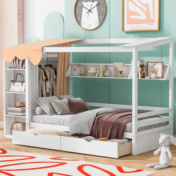 Harper & Bright Designs Multi-Functional White Twin Size House Bed with Curtain Fabric Design, 2-Drawers, Wardrobe, Storage Shelves