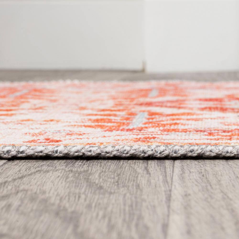 Ornate Medallion Washable Orange and Cream Synthetic Runner Rug