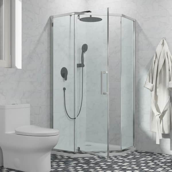 Logmey 34-1/8 in. x 72 in. Semi-Frameless Neo-Angle Corner Hinged Shower Door Shower Enclosure in Chrome with Clear Glass