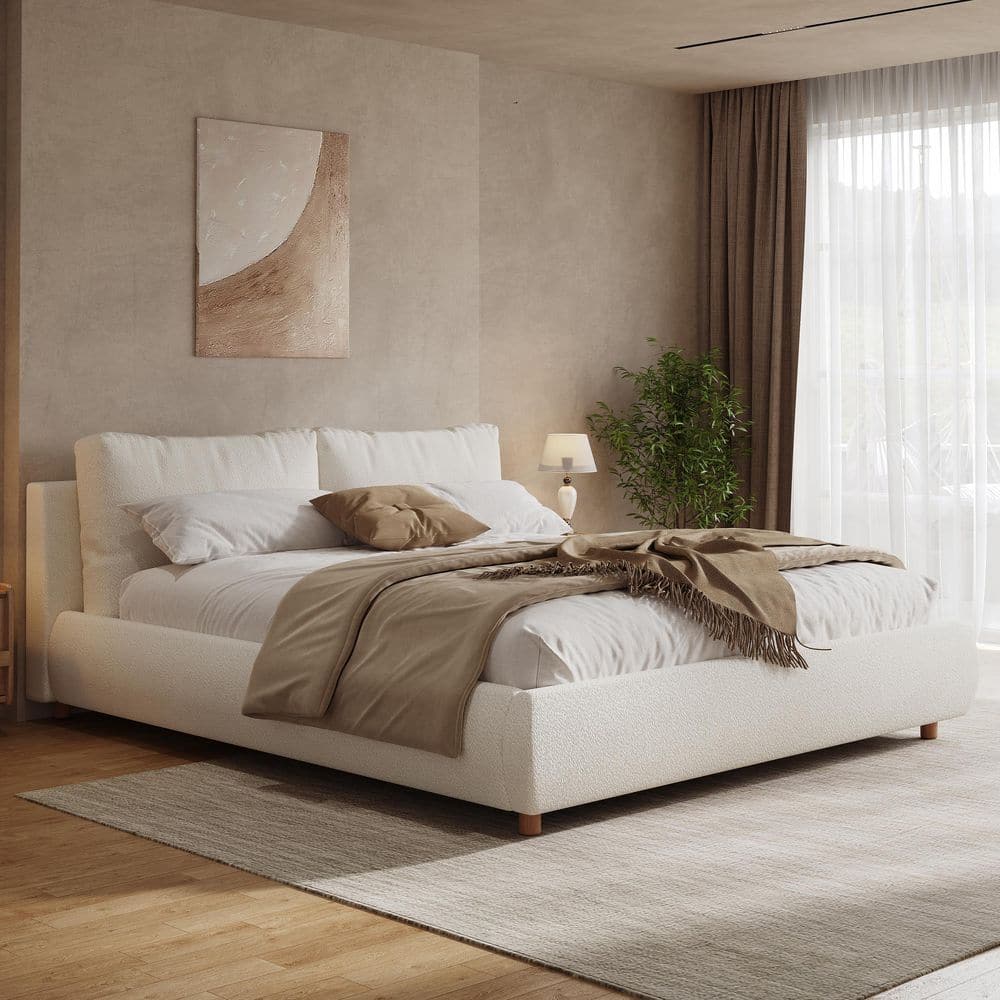 Linden White Boucle Fabric Upholstered Wood Frame Queen Size Platform Bed with Removable Pillow Headboard