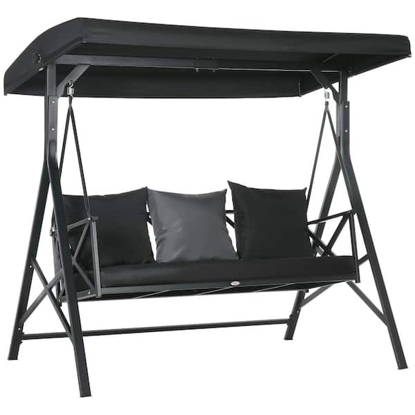 Sudzendf 3-Person Outdoor Metal Patio Swing with Cushion, 3 Throw Pillows and Adjustable Canopy in Black