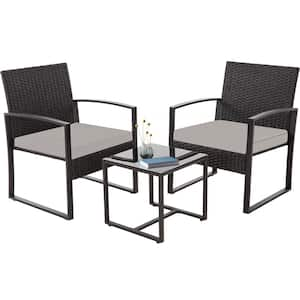 3 Piece Wicker Outdoor Bistro Set Patio Furniture Set with Gray Cushions