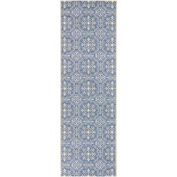 Hampton Bay Blue 2 ft. x 7 ft. Runner Neutral Tiles Indoor/Outdoor Area Rug