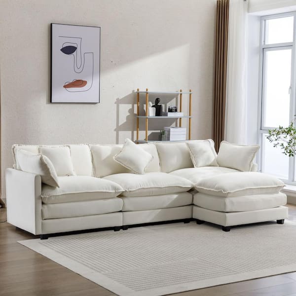 Harper & Bright Designs 112.2 in. W L-Shaped Chenille Modern Luxury Sectional Sofa in. Beige with Ottoman and 5 Pillows