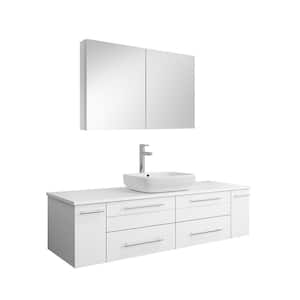 Lucera 60 in. W Wall Hung Vanity in White with Quartz Stone Vanity Top in White with White Basin and Medicine Cabinet