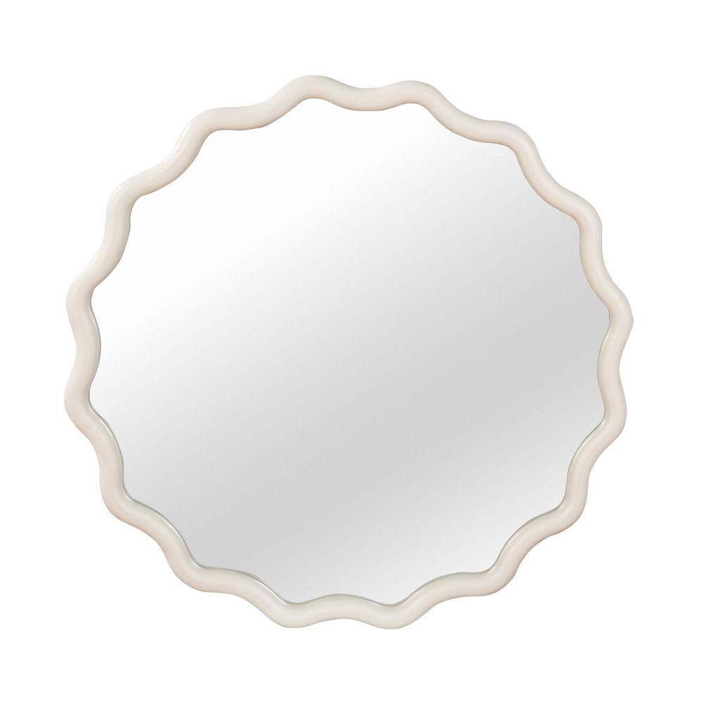 White 30 in. W x 30 in. H Wavy Round Solid Wood Frame Decorative Mirror, For Bedroom, Bathroom, Living Room, Entryway