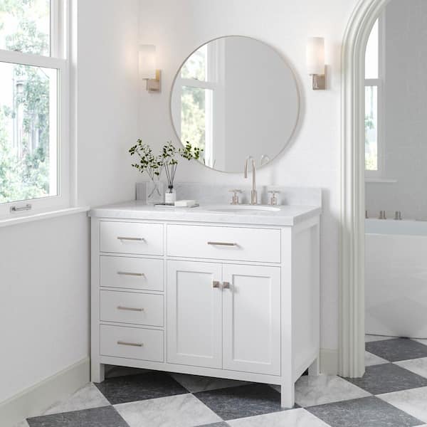 ARIEL Bristol 43 in. W x 22 in. D x 36 in. H Freestanding Bath Vanity in White with Carrara White Marble Top