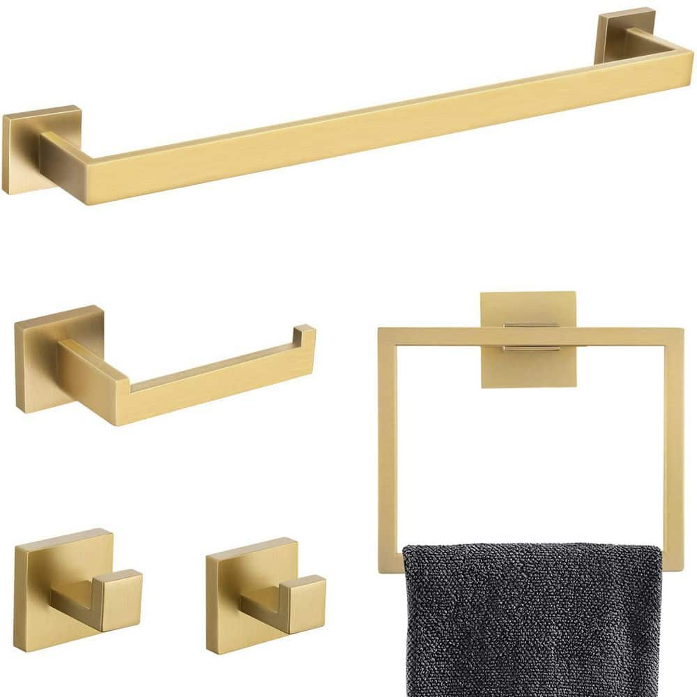 Aoibox 5 Pieces Bathroom Hardware Accessories Set with Towel Holder, Roll Paper Holder, 2 Hooks, Towel Ring, Brushed Gold SNMX3988 - The Home Depot