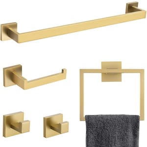 5 Pieces Bathroom Hardware Accessories Set with Towel Holder, Roll Paper Holder, 2 Hooks, Towel Ring, Brushed Gold