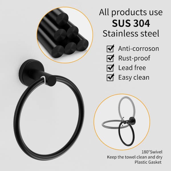 7-Piece Round Bath Hardware Set with 24 in. Towel Bar, Toilet Paper Holder, Towel Ring and Towel Hooks in Matte Black