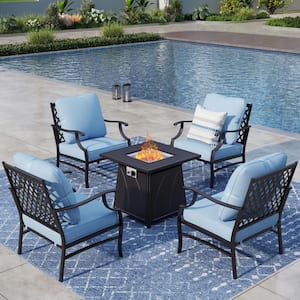 Black Meshed 4 Seat 5-Piece Metal Steel Outdoor Patio Conversation Set with Blue Cushions, Square Fire Pit Table