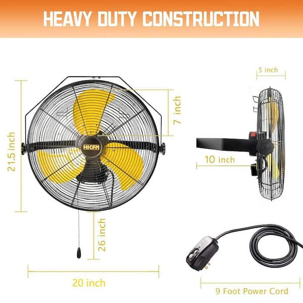 HICFM 18 in. Yellow Outdoor Wall Mounted Fan, 4600 CFM 3-Speed, IP44 Motor, GFCI Plug, for Patio, Workstation, UL Listed