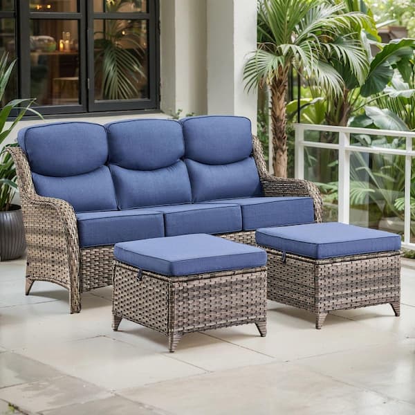 Arcadia 3-Piece Gray Wicker Outdoor 3-Seat Couch with High Curved Back and 6 in. Thick Navy Blue Cushions and Ottomans