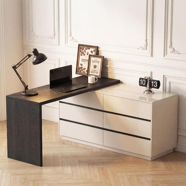 60.43 in. L Shaped Desk with 6 Drawers Movable Shelves Home Office Writing Desk Beige/Black
