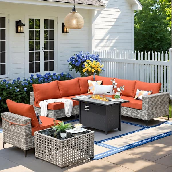 XIZZI Amity 8 Pieces Wicker Patio Conversation Seating Sofa and Rectangular Fire Pit Set with Orange Red Cushions