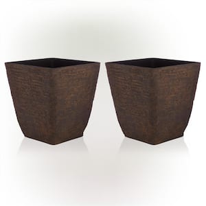 Indoor/Outdoor Resin Stone-look Squared Planter, Large, Brown (Set of 2)