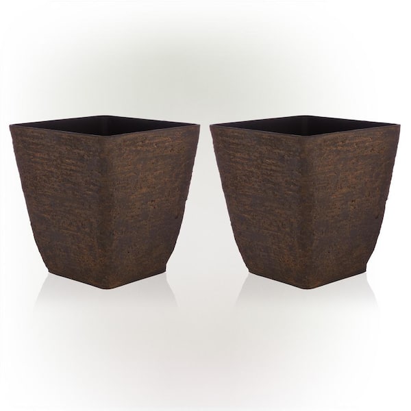 Alpine Corporation Indoor/Outdoor Resin Stone-look Squared Planter, Large, Brown (Set of 2)