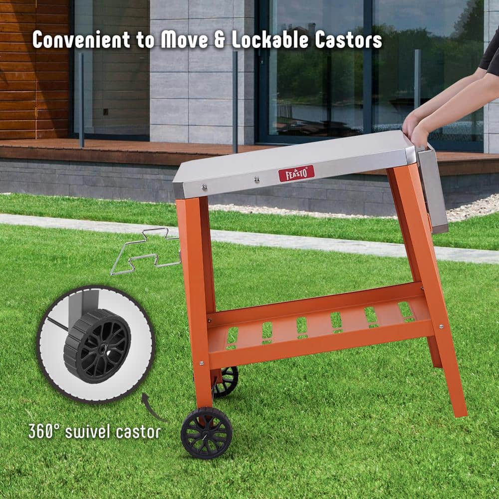 Orange Stainless Steel Outdoor Grill Table Cart with Wheels
