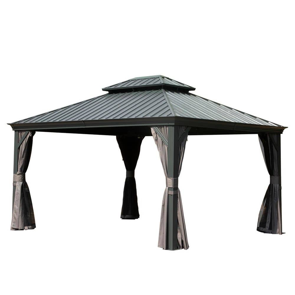12 ft. x 16 ft. Outdoor Gray Aluminum Frame Galvanized Steel Hardtop Gazebo with Curtains and Netting price history on PriceWatchPro