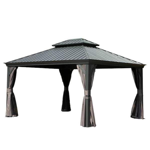 12 ft. x 16 ft. Outdoor Gray Aluminum Frame Galvanized Steel Hardtop Gazebo with Curtains and Netting