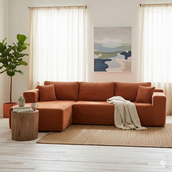SOSJ 110 in. Straight Arm Corduroy Modular Sofa with Comfortable Pillows and Convertible in Earthy Red