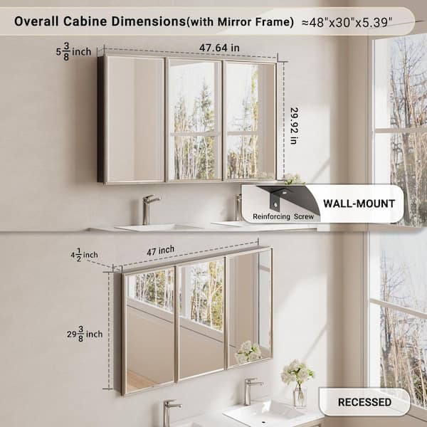 Musey 48 in W x 30 in H Brush Nickel Rectangular Aluminum Medicine Cabinet with Beveled Mirror, Recessed or Surface