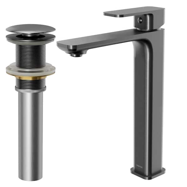 Karran Venda Single-Handle Single-Hole Vessel Bathroom Faucet with Matching Pop-Up Drain in Gunmetal Grey