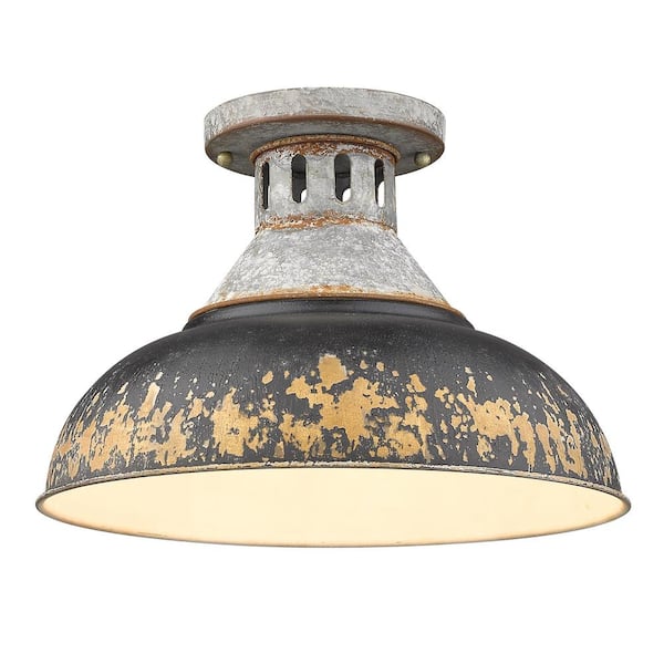 Golden Lighting Kinsley 14 in. 1-Light Aged Galvanized Steel Antique Black Iron Semi-Flush Mount