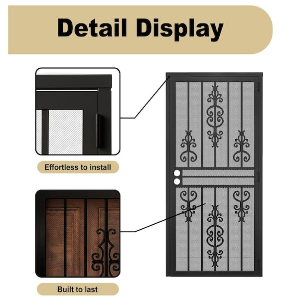 36 in. x 80 in. Universal/Reversible Hinging Black Surface Mount Steel Security Door w/Expanded Metal Screen