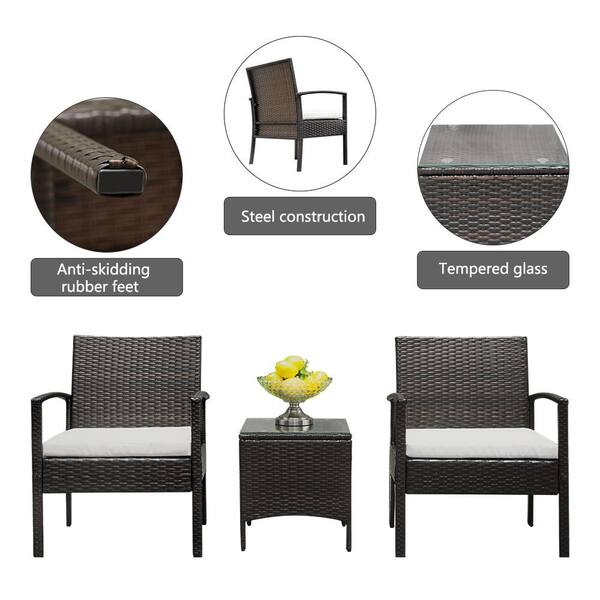 Winado Brown 3 Piece Wicker Patio Conversation Set With White Cushions 972492390108 The Home Depot Winado Brown 3 Piece Wicker Patio, Rubber Feet For Outdoor Furniture Home Depot