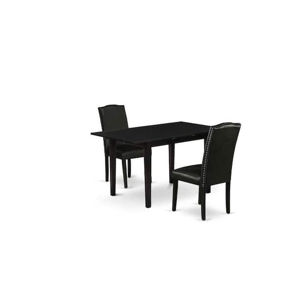 East West Furniture 3-Piece Black Finish Rectangular Solid Wood Top with Butterfly Leaf Dining Table Set
