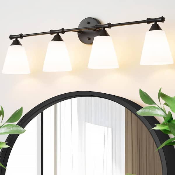 Deyidn 33.86 in. 4-Lights Black Bathroom Vanity Light Fixture with Opal Frosted Glass Shade