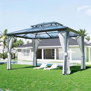 10 ft. x 13 ft. Gray Aluminum Outdoor Hardtop Gazebo with Double-Tier Polycarbonate Roof, with Netting and Curtain