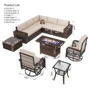 10-Piece Outdoor Rattan Wicker Patio Conversation with Fire Pit Table Swivel Chairs Beige Cushions