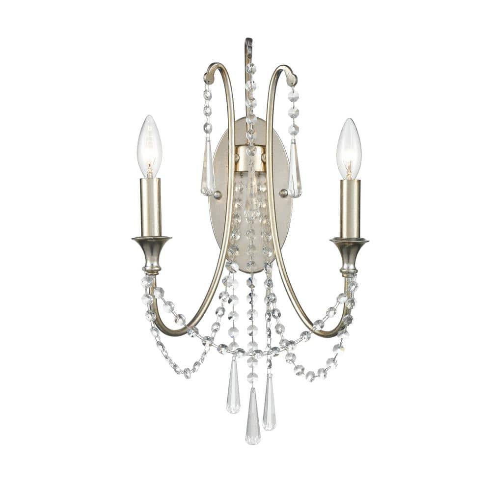 Elegant Antique Silver 2-Light Wall Sconce with Hand Cut Crystal