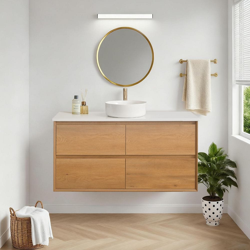 Bloom 48 in. Single Sink Floating Smoked Oak Bath Vanity with Super White Quartz Top Vessel Round Sink price history on PriceWatchPro