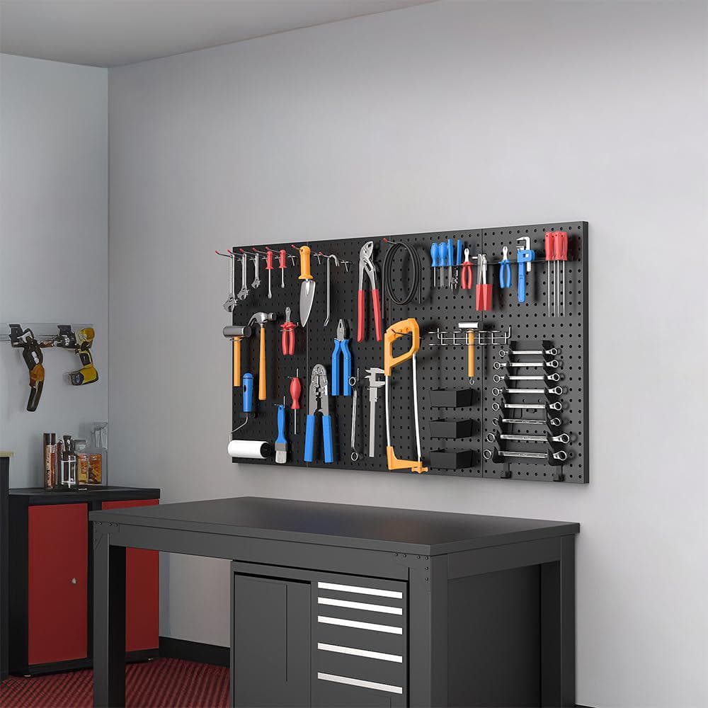 Black Heavy Duty Steel Pegboard Panels for Garage Tool Storage (4-Pack)