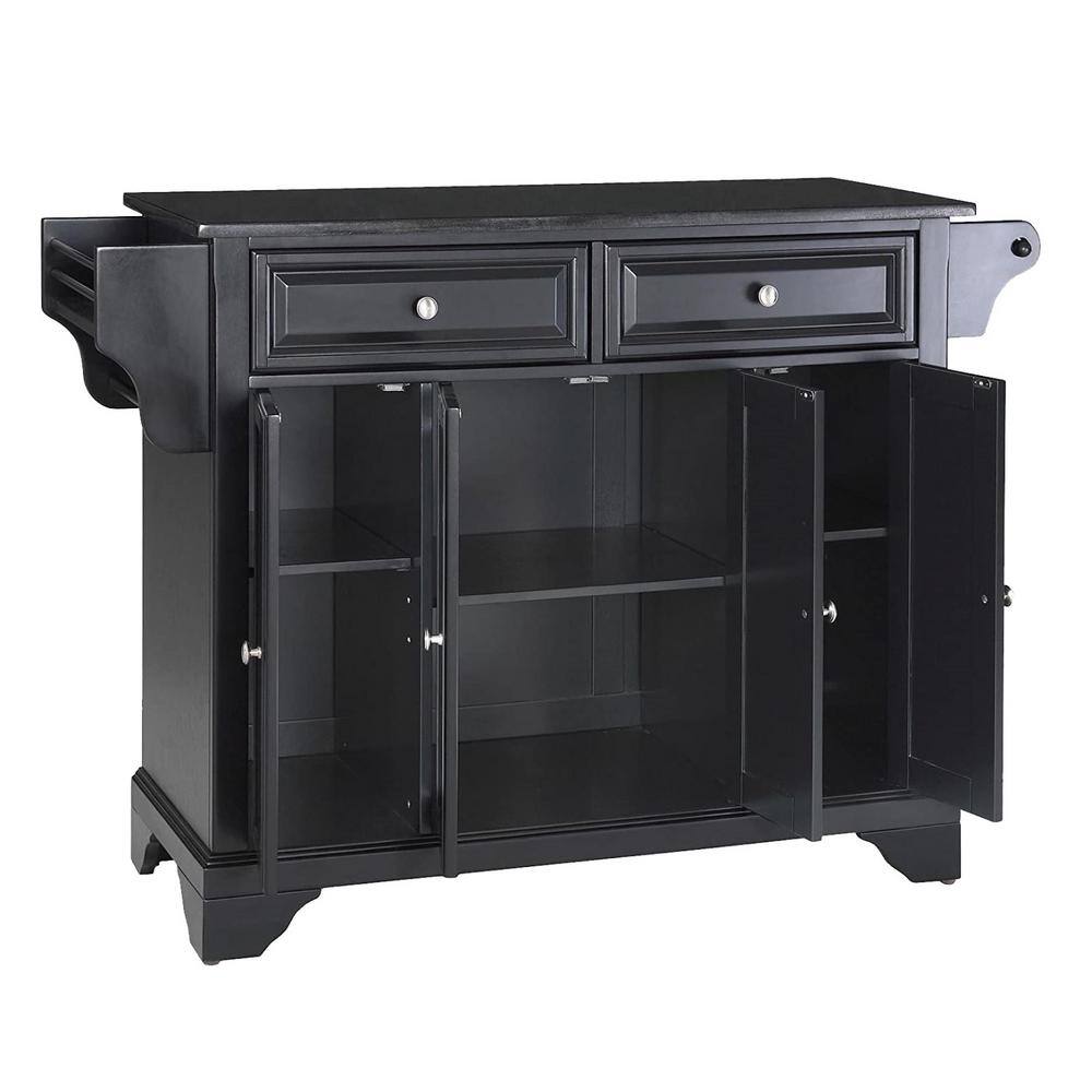 Black kitchen island cabinet with granite top and open shelves.