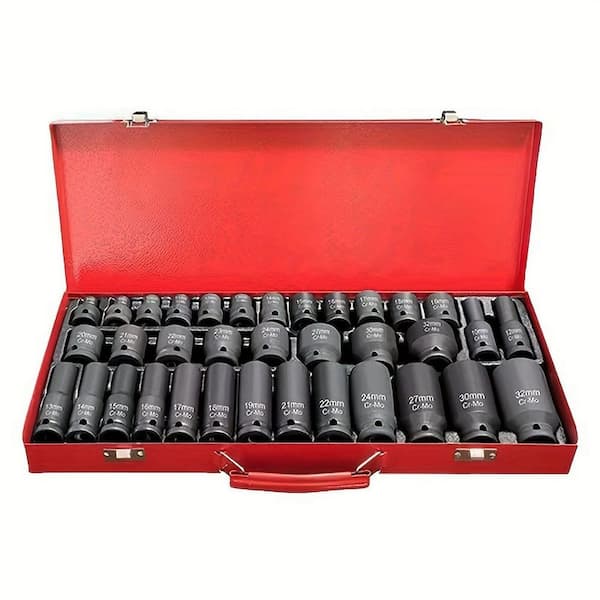 35-Piece 1/2in. Professional Pneumatic Socket Set with Long & Short Sockets, Air Cannon, Hex Extensions, and Rotary Tool