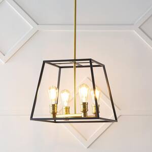 Lloyd 15 in. 4-Light Black/Brass Gold Farmhouse Industrial Iron LED Lantern Pendant