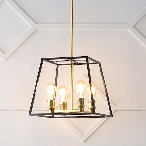 JONATHAN Y Lloyd 15 in. 4-Light Black/Brass Gold Farmhouse Industrial Iron LED Lantern Pendant