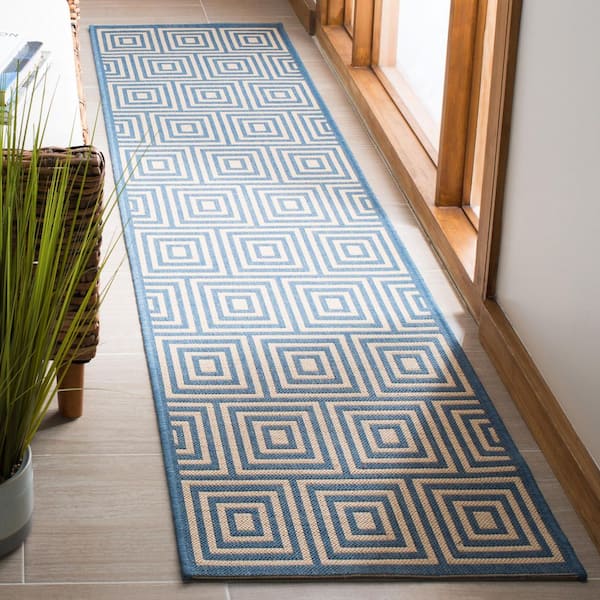 Linden Cream/Blue 2 ft. x 8 ft. Border Geometric Squares Indoor/Outdoor Runner Rug