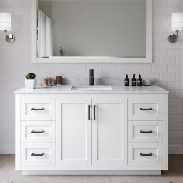 Wyndham Collection Miranda 60 in. W Single Bath Vanity in White with Marble Vanity Top in White Carrara with White Basin and Mirror