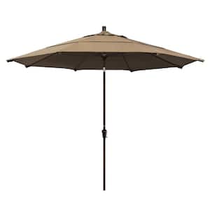 11 ft. Bronze Aluminum Pole Market Aluminum Ribs Auto Tilt Crank Lift Outdoor Patio Umbrella in Heather Beige Sunbrella