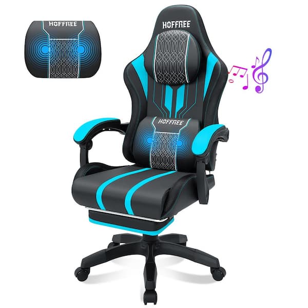 Hoffree Faux Leather Massage Ergonomic Gaming Chair Big and Tall Game Chair in Blue with Bluetooth Speakers Footrest