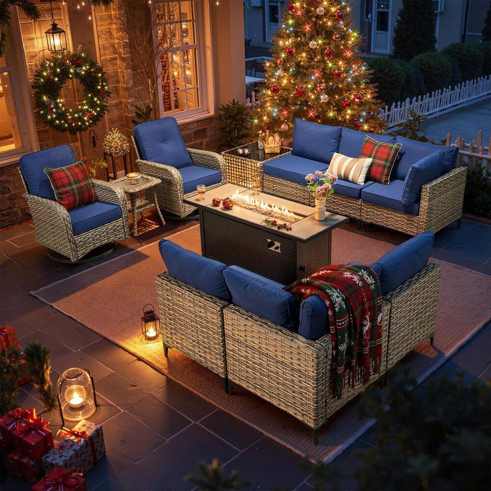 Vinceny Gray 11-Piece Wicker 54 in. Rectangle Fire Pit Patio Conversation Set with Navy Blue Cushions and Swivel Chairs price history on PriceWatchPro