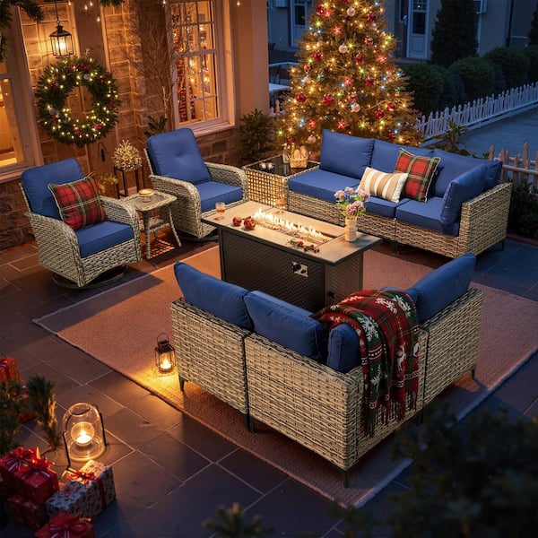 Vinceny Gray 11-Piece Wicker 54 in. Rectangle Fire Pit Patio Conversation Set with Navy Blue Cushions and Swivel Chairs